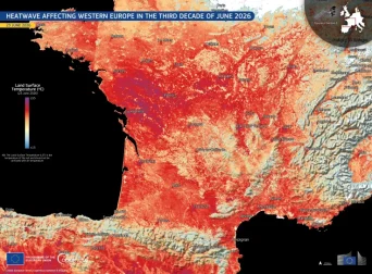 Visualisasi data Gelombang panas di Eropa, berdasarkan data dari satelit Copernicus Sentinel-3 yang diperoleh pada 23 Juni 2026 pukul 09:54 UTC, tentang Suhu Permukaan Tanah di seluruh Prancis dan Spanyol utara. Nilai-nilai ini mencerminkan suhu permukaan tanah, bukan suhu udara. Meskipun keduanya secara umum berkorelasi, keduanya dapat berbeda secara signifikan. Uni Eropa, citra Copernicus Sentinel-3