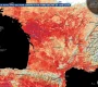 Visualisasi data Gelombang panas di Eropa, berdasarkan data dari satelit Copernicus Sentinel-3 yang diperoleh pada 23 Juni 2026 pukul 09:54 UTC, tentang Suhu Permukaan Tanah di seluruh Prancis dan Spanyol utara. Nilai-nilai ini mencerminkan suhu permukaan tanah, bukan suhu udara. Meskipun keduanya secara umum berkorelasi, keduanya dapat berbeda secara signifikan. Uni Eropa, citra Copernicus Sentinel-3