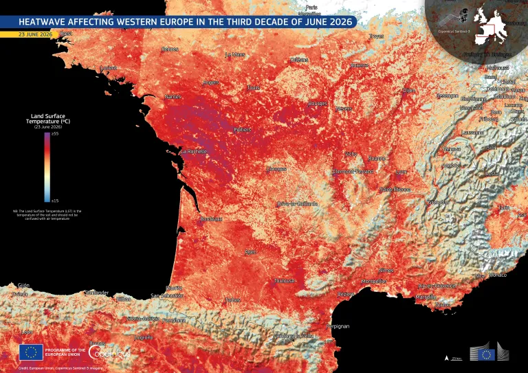 Visualisasi data Gelombang panas di Eropa, berdasarkan data dari satelit Copernicus Sentinel-3 yang diperoleh pada 23 Juni 2026 pukul 09:54 UTC, tentang Suhu Permukaan Tanah di seluruh Prancis dan Spanyol utara. Nilai-nilai ini mencerminkan suhu permukaan tanah, bukan suhu udara. Meskipun keduanya secara umum berkorelasi, keduanya dapat berbeda secara signifikan. Uni Eropa, citra Copernicus Sentinel-3